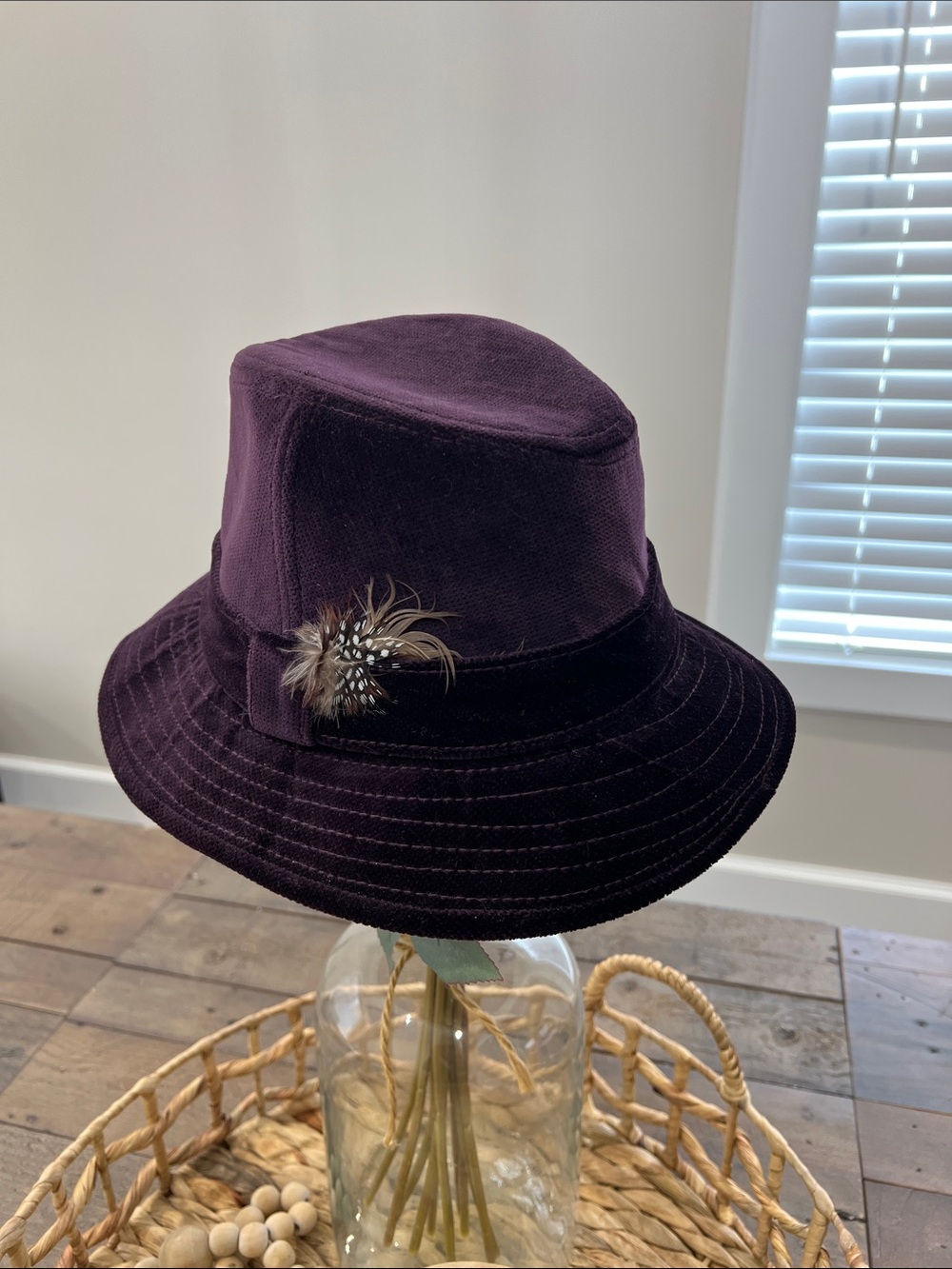 Ralph Lauren Plum Felt Bucket Hat with Feather Detail